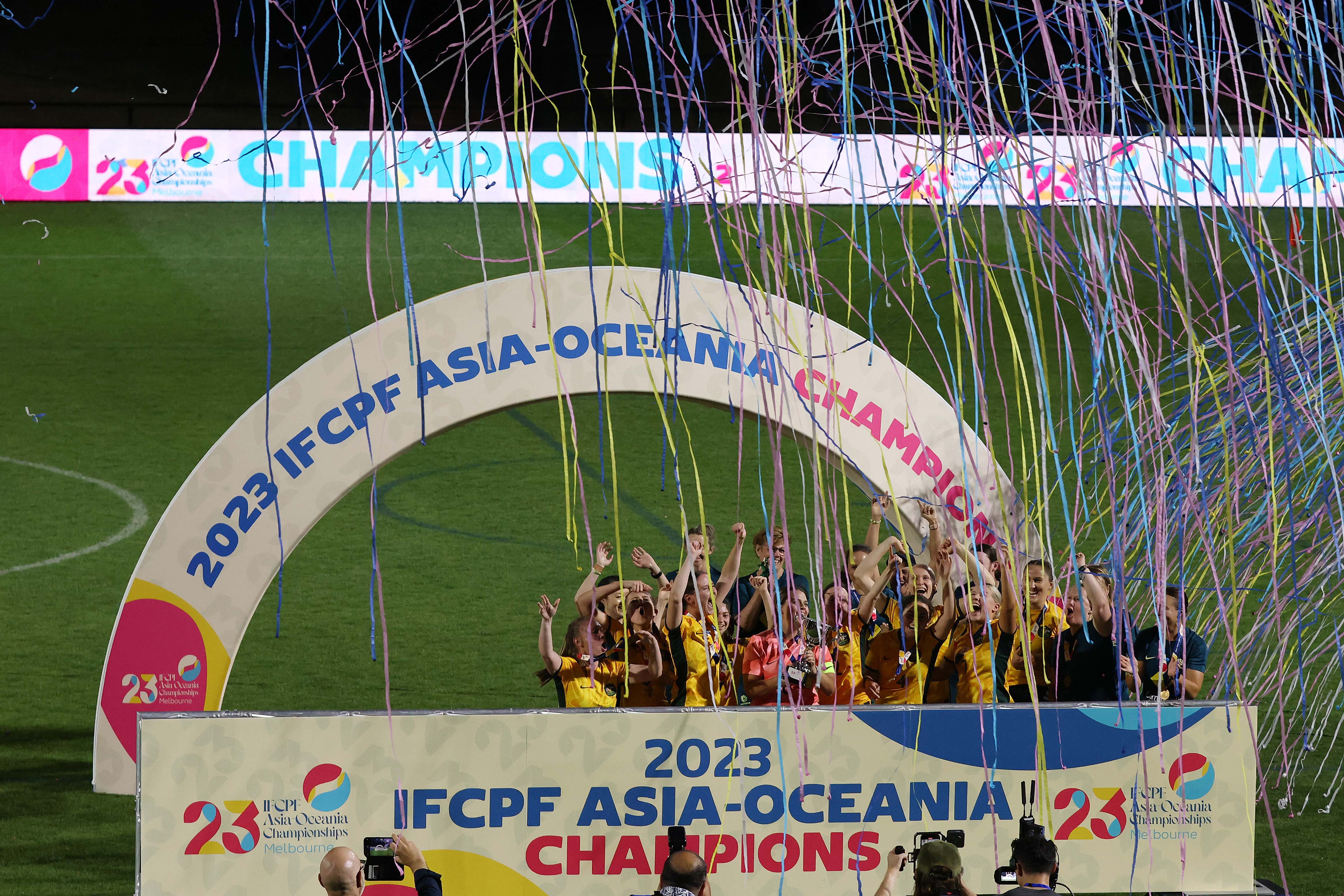 Australia's ParaMatildas celebrate their win during the IFCPF Asia-Oceania Championships Women's Final match between Australia and Japan on November 10, 2023 in Melbourne, Australia. (Photo by Con Chronis/Getty Images for Football Australia)